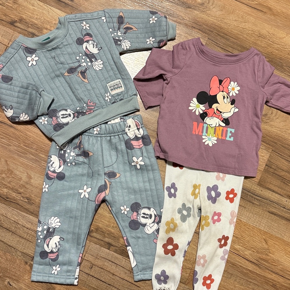 Minnie Mouse Bundle - Teal Quilter Sweat Set and Purple Shirt with floral pants